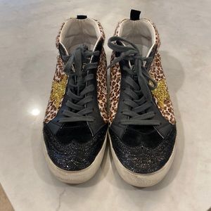 Golden goose distressed leather trimmed leopard print sneaker
